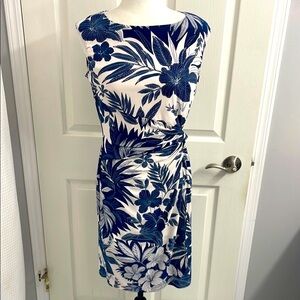 Chaps Floral Navy and White Fitted Dress Gathered Twist at Hip Boat Neck Size M